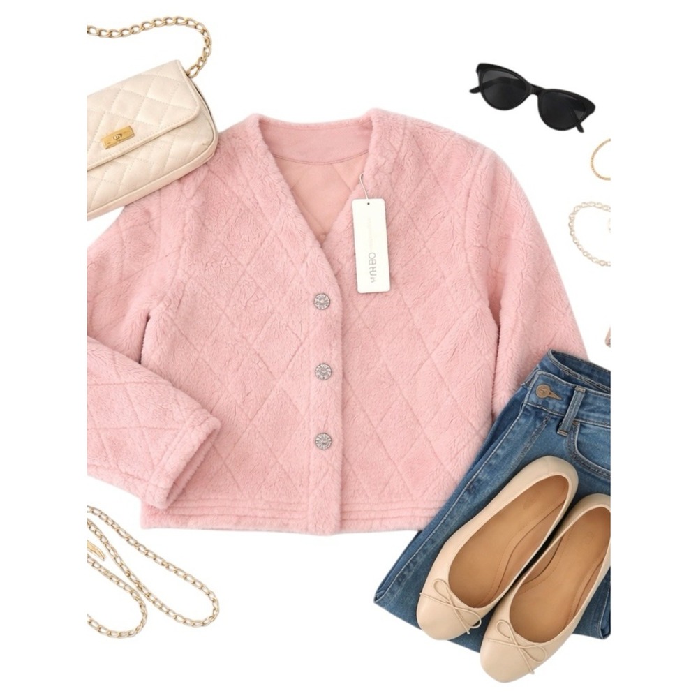 Goelia NWT Pink Faux Fur Cropped Jacket Small Crystal Button Teddy Coat Soft